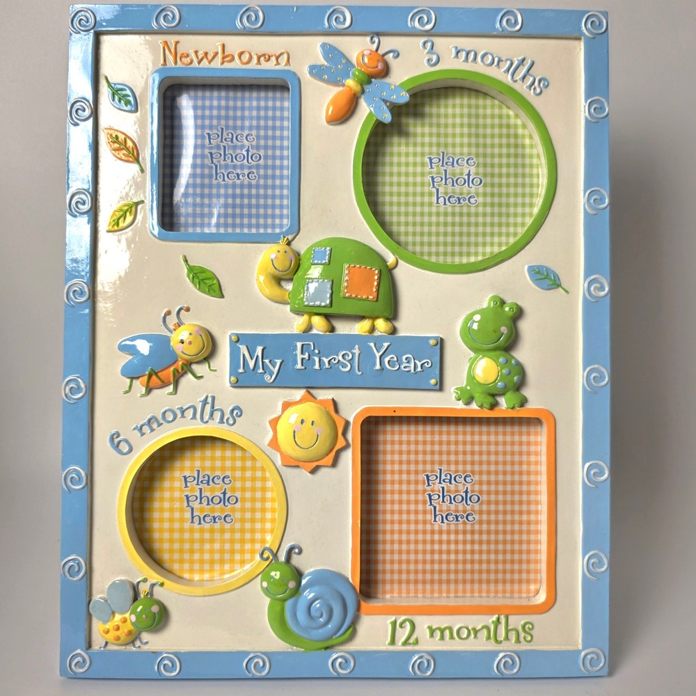 My First Year Baby Milestone Photo Frame 4 Openings Insects Turtle Frog Blue - Picture 3 of 8